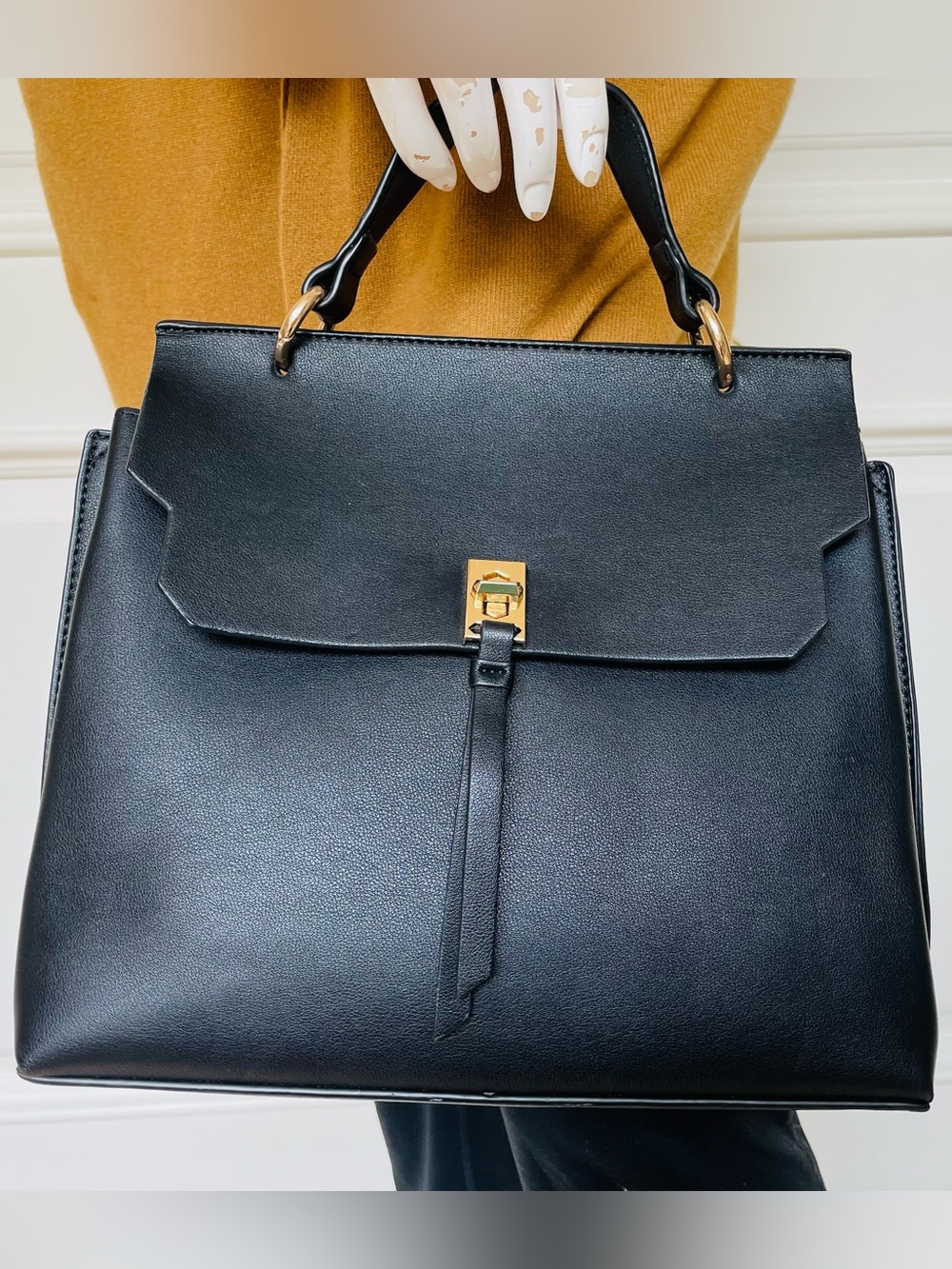 Minelli Paris Black Structured Satchel | Gold Hardware Top Handle Handbag